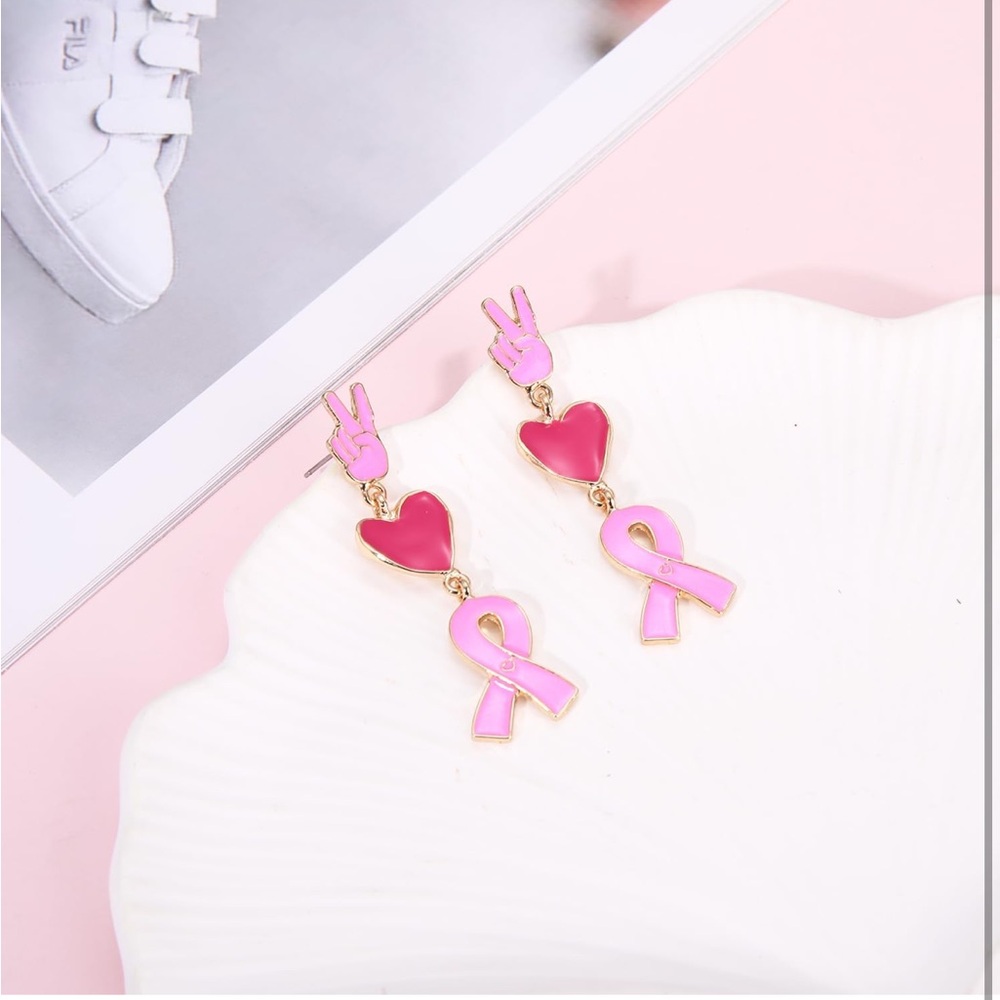 Beaded Breast Cancer Awareness Earrings Handmade Pink Ribbon Drop Dangle